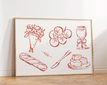 Dinner Party Poster Vintage Food Poster Trendy Kitchen Decor Wine and Cheese Print Modern Kitchen Print Retro Food Print Printable Art Red
