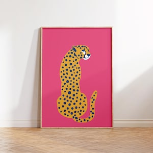 Cheetah Print, Pink and blue Leopard Art Print, Boho Home Decor, Hot Pink Wall Art, Jungle Poster, Minimal Cheetah Art, Boho Animal Artwork