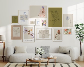 Eclectic Botanical Gallery Wall Print Set of 13, Vibrant Wall Art, Colorful Woman and Flowers Printables, Retro Maximalist Colors Spring Art