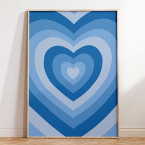 Blue Retro Heart Print, Psychedelic Heart Wall Art, Trendy 60s 70s Wall Art, Groovy Heart Poster, Y2K print, Girls Room Decor
