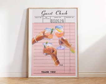 Pink Cheers Guest Check Print Bar Cart Poster Trendy Kitchen Art Alcohol Poster Retro Guest Check Print Preppy Cocktail Print Funky Art