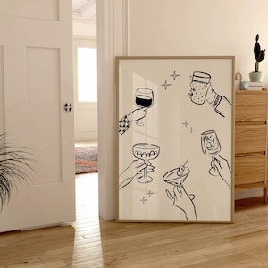 手描きの乾杯の印刷可能なアート、バーの壁の装飾、レトロなアルコールサイン、バーカートのアクセサリー、アルコールアートのミニマルキッチンハッピーアワー