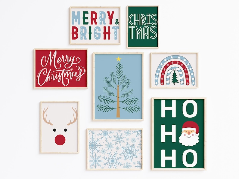 May include: A set of nine framed Christmas prints featuring various holiday themes, including a Christmas tree, a reindeer, snowflakes, a rainbow, and the text "Merry & Bright", "Christmas", and "Ho Ho Ho".