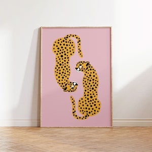 Pink cheetah art, boho wild cat illustration, Black & White Leopard Wall Art, Feline Print Tiger Illustration Animal Print Jungle Art Print