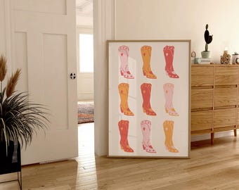 Arte de pared occidental, póster de botas de vaquero, arte de pared bohemio, bohemio occidental, estampado de vaquero rosa, estampado rosa y naranja, arte de pared de galería, estampado boho
