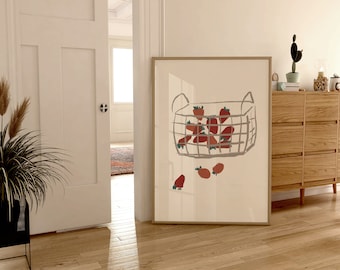 Può includere: Un'illustrazione incorniciata di un cesto pieno di fragole rosse. Il cesto è delineato in verde e le fragole sono dipinte in uno stile sciolto e astratto. Lo sfondo è di colore beige chiaro.
