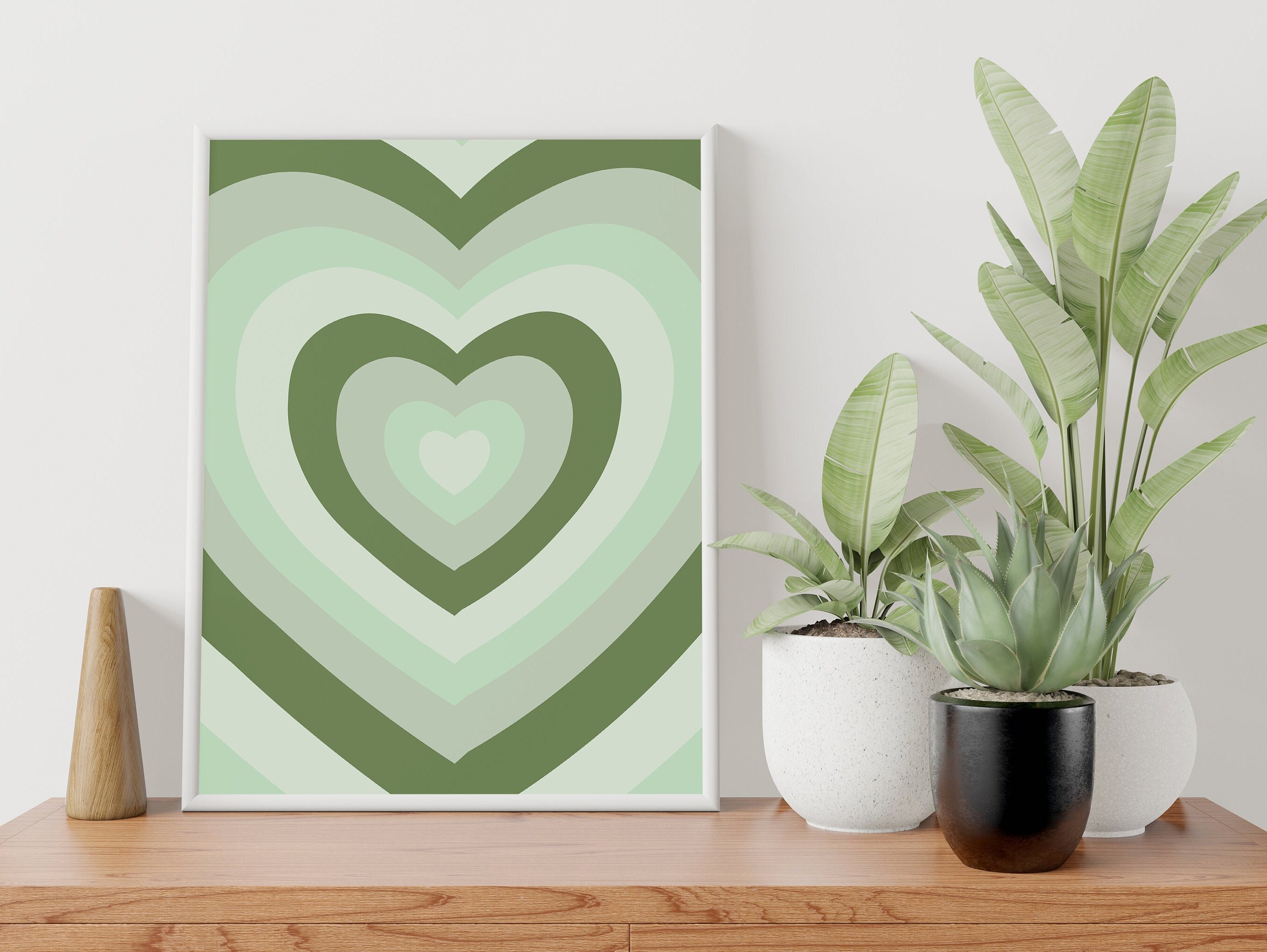Sage Green Retro Heart Print, Psychedelic Heart Wall Art, Trendy 60s — free download