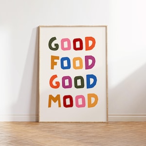 Good Food Good Mood kleurrijke retro keuken print, kleurrijke keuken eetkamer kunst aan de muur, funky foodie poster, hand getrokken decor, kookdecor