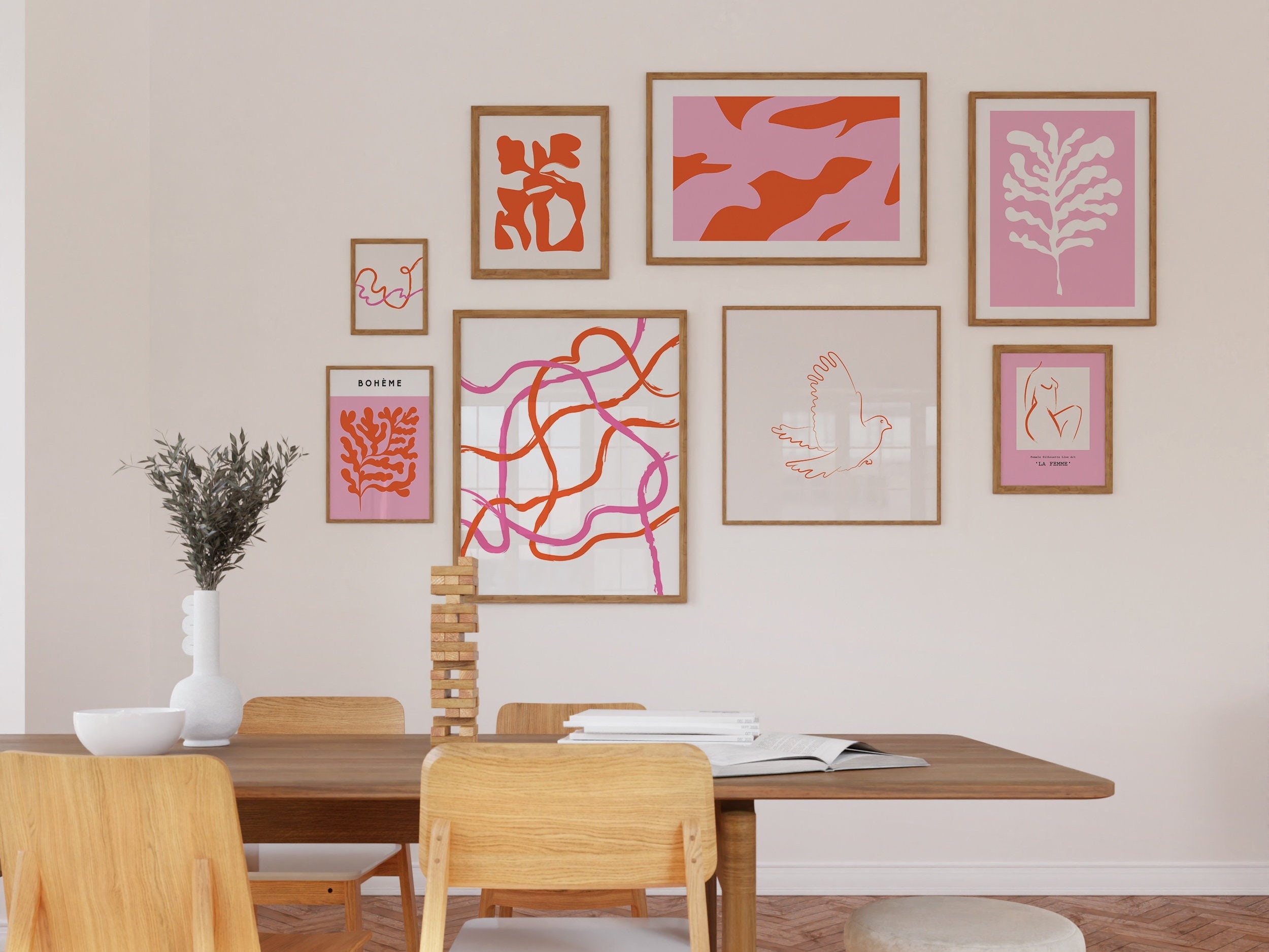 Midcentury Gallery Wall Set of 8 Prints Orange and Pink Art Etsy