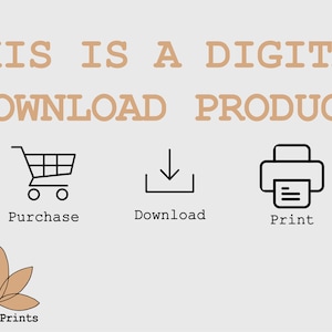 May include: This is a digital download product. The image shows a shopping cart, a download icon, and a printer icon. The text "Purchase", "Download", and "Print" are below each icon. The image also includes a brown lotus flower logo with the text "Lohana Prints" below it.