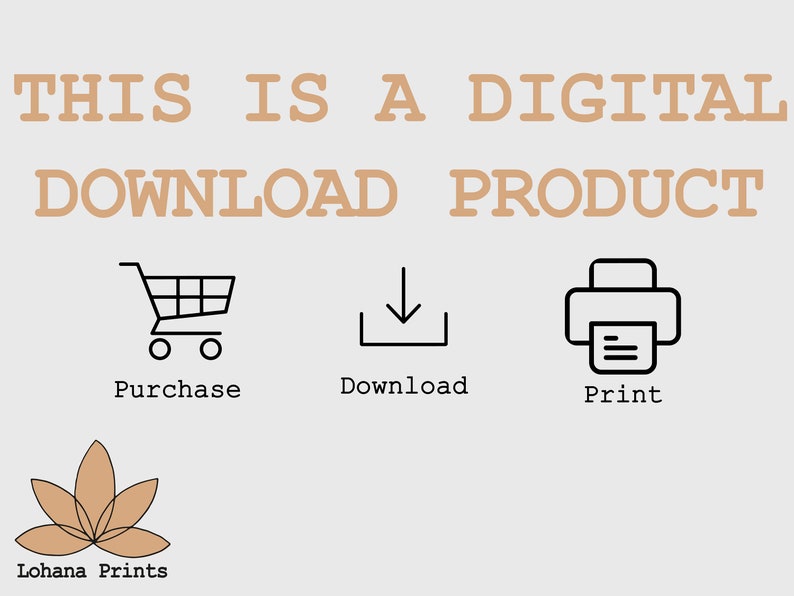 May include: This is a digital download product. The image shows a shopping cart, a download icon, and a printer icon. The text "Purchase", "Download", and "Print" are below each icon. The image also includes a brown lotus flower logo with the text "Lohana Prints" below it.