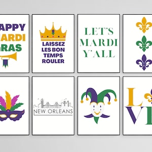 mardi gras decor set of 8 PRINTABLES, mardi gras decorations, New Orleans, mardi gras sign, mardi gras printable wall art, digital download