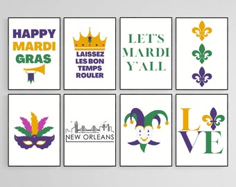 Juego de 8 decoraciones imprimibles de Mardi Gras, Nueva Orleans, letrero de Mardi Gras, arte mural imprimible de Mardi Gras, descarga digital