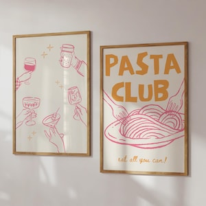 トレンディな手描きのパスタとワインの印刷可能、イラスト、乾杯、マキシマリストキッチンの壁アート、アパートの装飾、モダンなダイニングルーム、レトロな食べ物