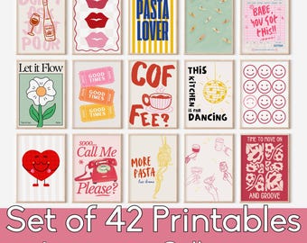 Maximalist Gallery Wall Set of 42, Preppy Poster, Maximalist Wall Art, Hand Drawing Maximalist Decor, Trendy Wall Art, College Room Decor
