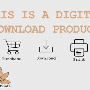 Pode incluir: Um gr&aacute;fico de produto de download digital com um carrinho de compras, uma seta de download e um &iacute;cone de impressora. O texto "Este &eacute; um produto de download digital" est&aacute; em marrom. Os textos "Comprar", "Baixar" e "Imprimir" est&atilde;o abaixo dos &iacute;cones. O gr&aacute;fico tamb&eacute;m inclui uma flor de l&oacute;tus marrom com o texto "Lohana Prints" abaixo.