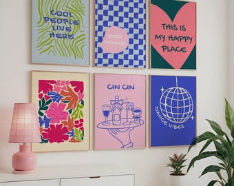Maximalist Dopamine Gallery Wall Set of 6 Prints, Trendy Posters Funky Retro Printable Wall Art, Dorm Room Decor, Apartment preppy aesthetic