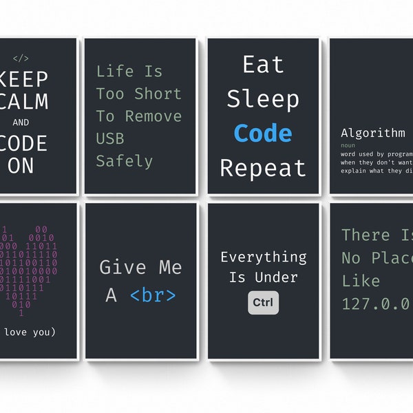 Set of 8 Computer Geek Pintables, Nerdy Computer Science Office Decor, Office Gallery Wall, Coding, Programmer print, Software Engineer Joke