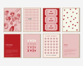 Valentijnsdag decor set van 20 printables, valentijnsfeest decor, retro romantische fotowand, schattige roze rode prints digitale downloadbundel