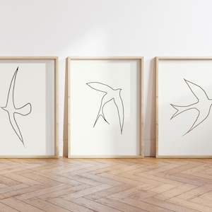 Conjunto de pájaros de 3 arte imprimible abstracto moderno, descarga digital de impresión de pájaros, cartel de pájaro blanco y negro, arte de pared escandinavo, arte japonés