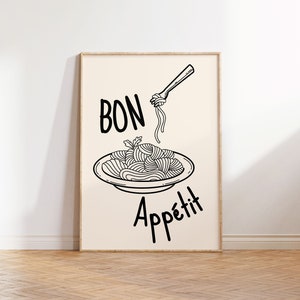 Póster impreso "Bon Appetit", cita en francés, letreros "Bon Appetit" para pegar, cita manuscrita, impresión de cocina preppy, arte mural minimalista para restaurante