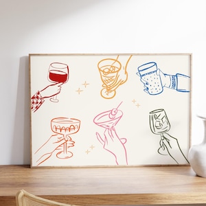 手描きの乾杯の印刷可能なアート、バーの壁の装飾、レトロなアルコールサイン、バーカートのアクセサリー、アルコールアートバーカートグラスドリンクポスター