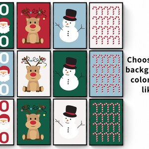May include: Nine printable Christmas cards featuring different holiday designs. The designs include a snowman, a reindeer, candy canes, and the words "HO HO HO". Choose the background color you like.