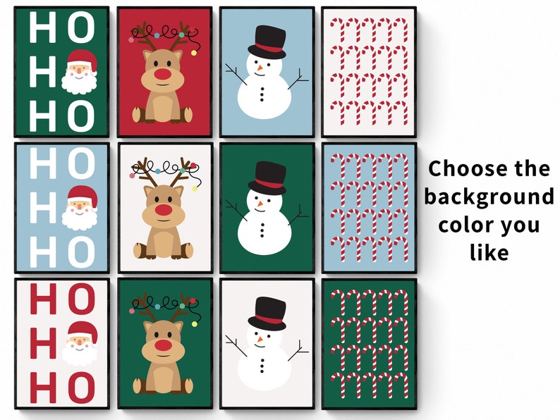May include: Nine printable Christmas cards featuring different holiday designs. The designs include a snowman, a reindeer, candy canes, and the words "HO HO HO". Choose the background color you like.