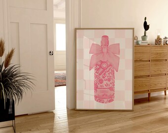 Preppy Pink Champagne With Bow Cocktail Printable Wall Art, Retro Coquette Bar Cart Trendy Prints Vintage Wine Print, Girly Teens Aesthetic