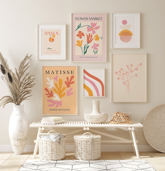 Pink and Orange Preppy Aesthetic Gallery Wall Prints Set, Trendy