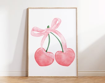 Coquette Pink Bow Printable Art, Coquette Cherry Wall Art, Feminine Poster, Soft Girl Bedroom Decor, Trendy Preppy College Apartment Print