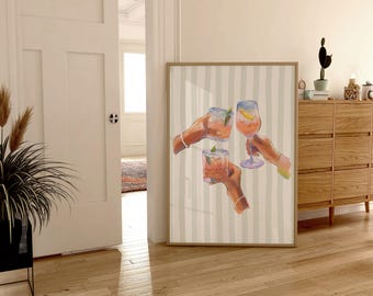 Póster de carrito de bar con estampado de rayas de Sage Green Cheers, arte de cocina moderno, póster de alcohol, estampado de rayas retro, estampado de cóctel preppy, divertido
