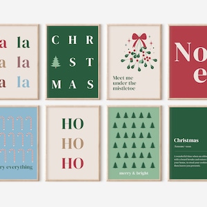 Set of 8 Christmas Gallery Wall Bundle, Christmas Digital Download, Xmas Wall Art, Kids Room Christmas Wall Decor, Colorful Retro Printable