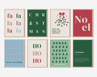 Set of 8 Christmas Gallery Wall Bundle, Christmas Digital Download, Xmas Wall Art, Kids Room Christmas Wall Decor, Colorful Retro Printable