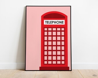 London Red Telephone Booth Print,  Red Telephone Wall Art, London Icon Print, London Wall Art Illustration, Travel Poster, Instant Download