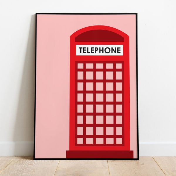 London Red Telephone Booth Print,  Red Telephone Wall Art, London Icon Print, London Wall Art Illustration, Travel Poster, Instant Download