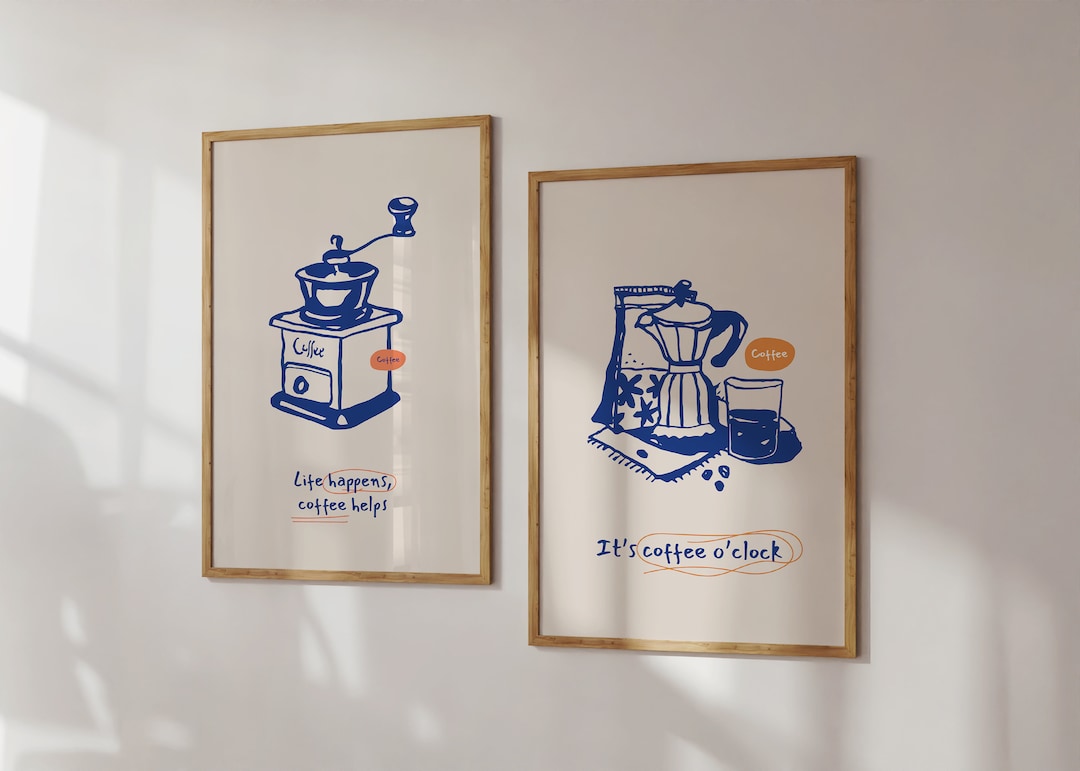 set of 8 kitchen prints, coffee print set, fork spoon... Coffee Set of 2 Printables, Food Print, Modern Kitchen Decor, Blue ...