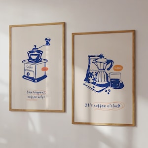 Juego de café de 2 imprimibles, impresión de alimentos, decoración de cocina moderna, arte de cocina moderno azul, arte de pared abstracto, cartel de cocina, impresión de comedor
