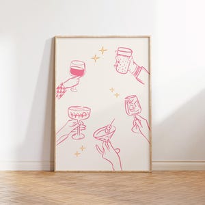 ピンクの乾杯の印刷可能な壁アート、バーの壁の装飾、レトロなアルコールサイン、バーカートアクセサリー、アルコールアート、ミニマルキッチン、ハッピーアワープリント