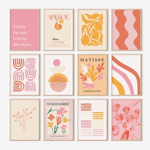 Juego de 12 impresiones de arte abstracto moderno para pared, galería de color naranja y rosa, póster de estética preppy imprimible, estampado floral, decoración de dormitorio para chicas universitarias