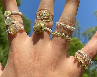 Light Green Rings ,Natural Crystal rings ,Gemstone jewelry,Non-Tarnish Wire wrap Rings