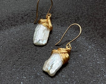 Handmade Baroque Pearl Earring,14k Gold filled Wire Wrapped Jewelry ,Wedding Pearl Earrings