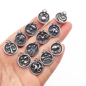 Antikes Silber Zodiac Charms, Edelstahl Sternzeichen, Astrologie Anhänger, Horoskop Charms
