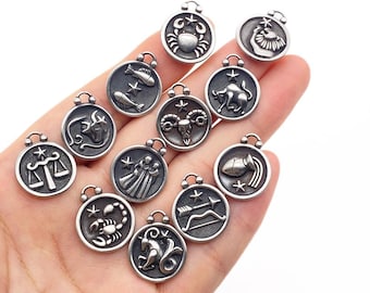 Antique Silver Zodiac Charms, Stainless Steel Astrology Pendants