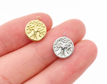 18K Gold Plated Tree of Life Round Small Pendant Charm, Charm Necklace 10x12mm