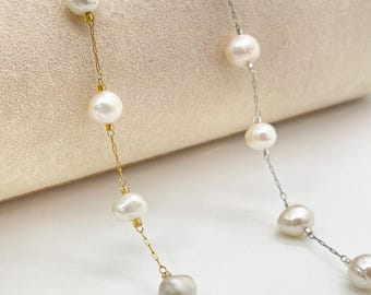 Cadena de acero inoxidable con perla natural chapada en oro de 18 quilates de 1 metro