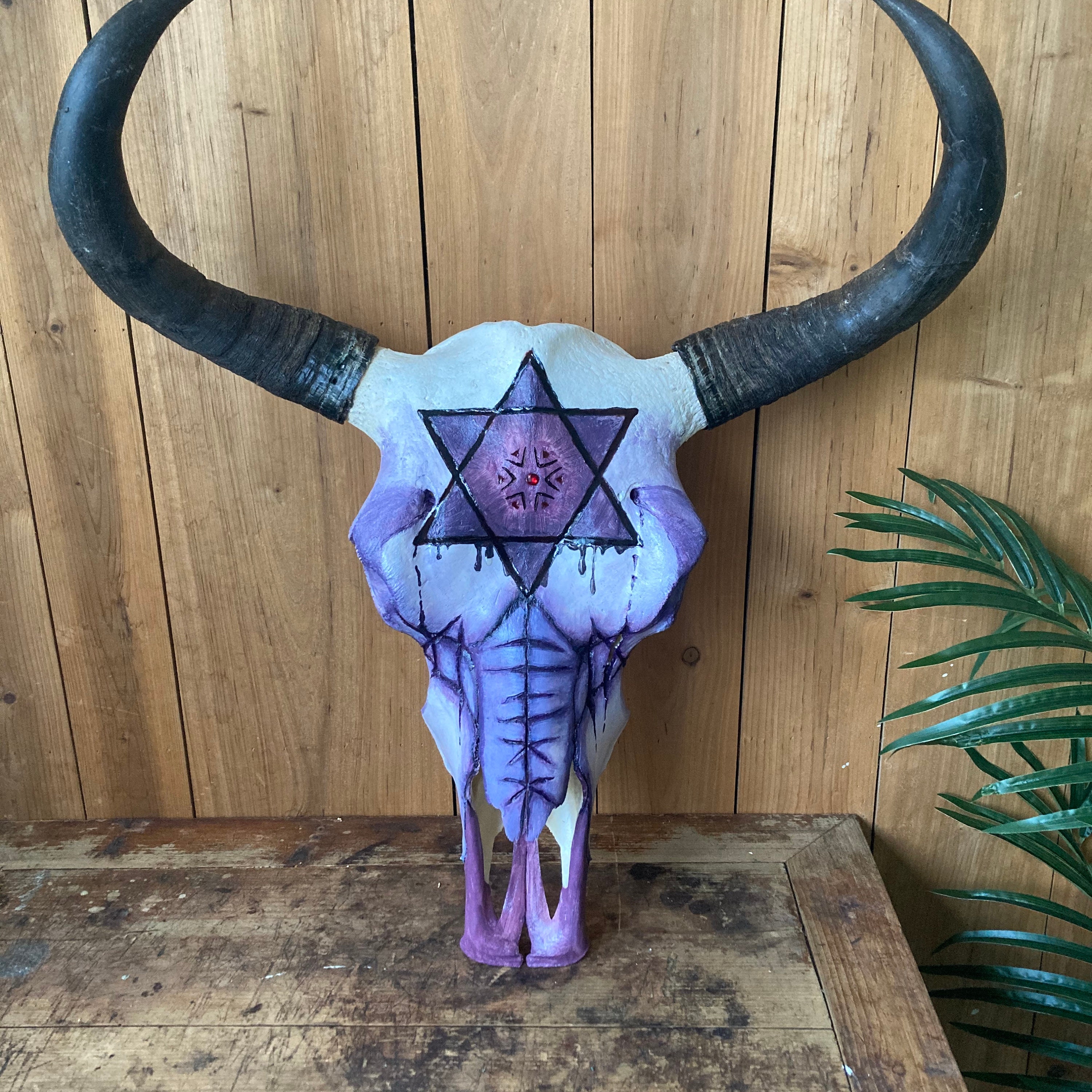 Purple Skeleton Cow with Hexagram Hand Painted Bull Skull