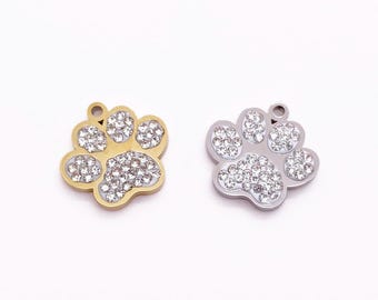 18K Gold Filled Dog Paw Charm, Rhinestone Paw Pendant, DIY Jewelry