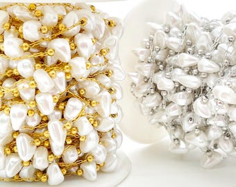 Cadena de perlas de acero inoxidable con oro de 18 quilates, ideal para la fabricación de joyas.