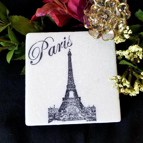 Eiffel Tower on Antique White Style Marble,  Natural Stone Coaster Sets
